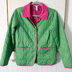 LILY PULITZER Bright Green Quilted Barn Coat Pink Piping Girls Size 16